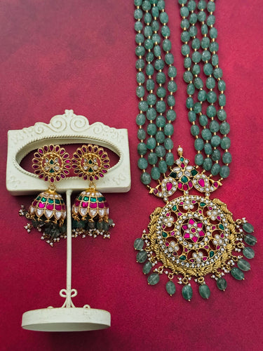 Jadau Kundan Long Chain Set | Real Kemp Stones | Oval Natural Green Glass Beads | Gold Polish | Free Shipping | Ships from California